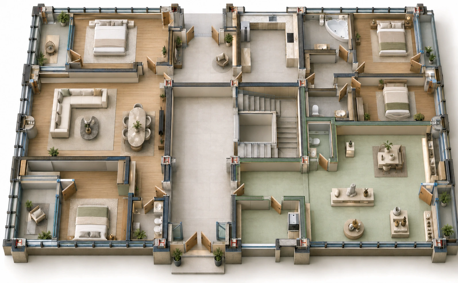 Condominiu — randare 3D a nivelului cu mobilier