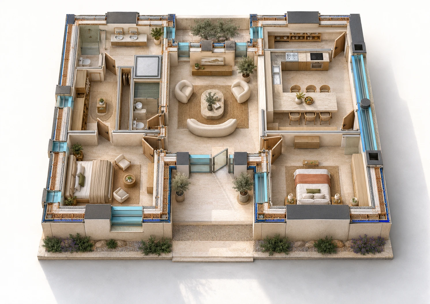 Vilă mediteraneană — compartimentare în perspectivă 3D